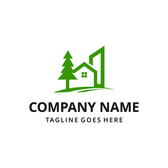 minimalist and simple house icon vector logo with pine tree, organic house, forest hut design illustration