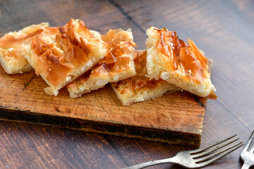 Bakery .Home made  cheese pie  with phyllo pastry, feta cheese  and organic eggs. Bulgarian banitsa
