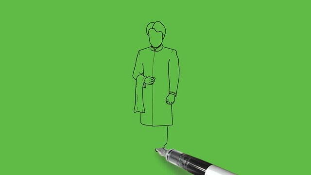 Draw young man wearing Nehru orange suit, yellow trouser and orange shoes on abstract green background
