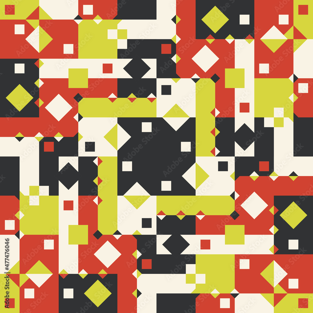 Poster Red-yellow and black geometric pattern. Rhombuses and rectangles create an avant-garde and abstract composition. Vector pattern as a canvas or a seamless pattern.