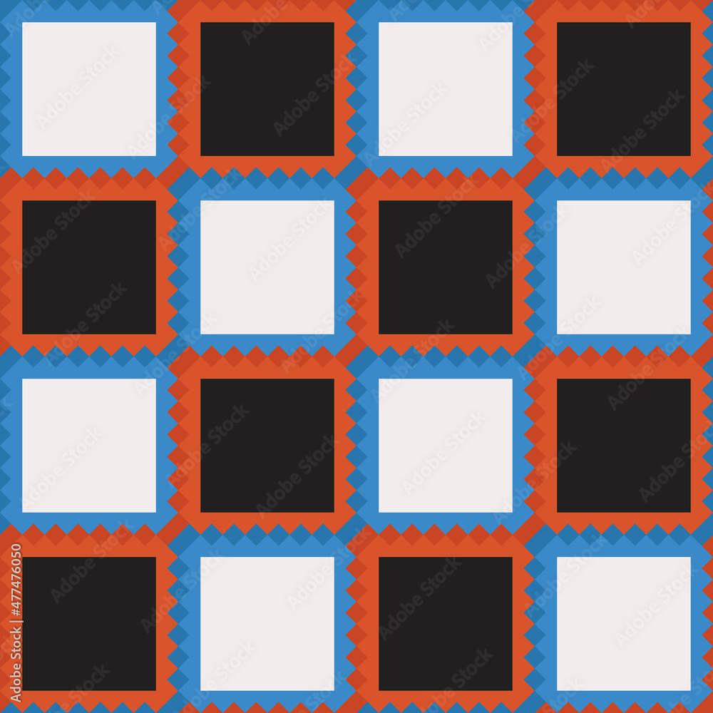 Poster Black and white chess cells in a red and blue frame. Vector tiles of checkers and patterned blue red edges.