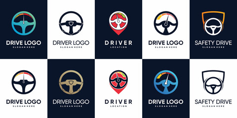 Set bundle of driver logo design with steering and creative element Premium Vector