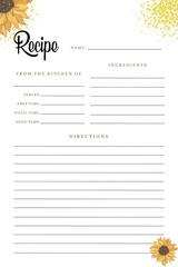 Blank Recipe Book Template, Blank Pages Sheet Organizer Binder, sunflower background