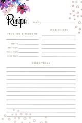 Blank Recipe Book background with flowers, Blank Pages Sheet Organizer Binder, Kitchen Cookbook