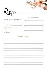 Blank Recipe Book Printable Flower Template, Blank Pages Sheet Organizer Binder, Kitchen Cookbook, Floral background