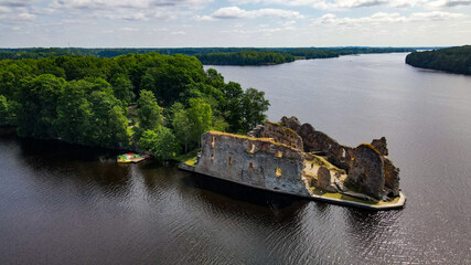 castle ruins in the river and trees