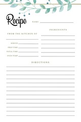 Blank Recipe Book Floral Template, Kitchen Cookbook, Blank Pages Sheet Organizer Binder, Green template