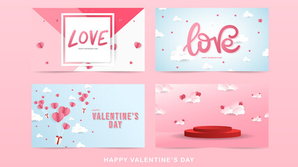 Set card Valentine's Day  with Love handwriting and cloud on pink background , Flat Modern design , illustration Vector EPS 10
