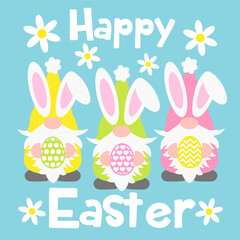 Cute Easter gnomes with bunny ears holding eggs vector illustration. Happy Easter card in cartoon childish style