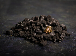 hard coal in the pile. a piece of gold among the coal. extracted underground.