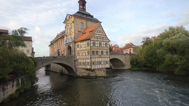 Bamberg Altes Rathaus or old city hall Landmark building & porcelain museum situated on an island accessible by pedestrian bridges.