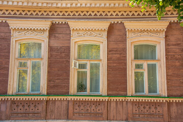 Carved window on an old traditional Russian house in Ryazan, Russia