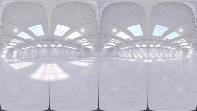 Full spherical hdri panorama 360 degrees of empty exhibition space. backdrop for exhibitions and events. Tile floor. Marketing mock up. 3D render illustration. 4K video.	