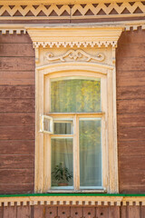 Carved window on an old traditional Russian house in Ryazan, Russia