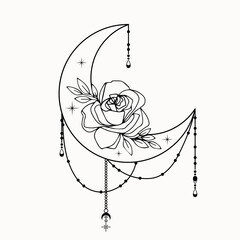 Line art of mystical esoteric decorative crescent moon with star sand rose