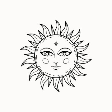 Line art of mystical esoteric decorative sun with face