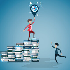 Flat design of business success concept,The young man walking on the stack of books until he can picks up the target - vector