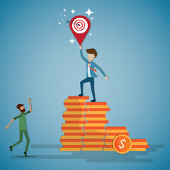 Flat design of business success concept,The young man walking on the pile of coin until he can picks up the target - vector