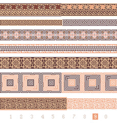 Seamless greek patterns with qr codes icons, isolated on white background. Meanders, squares and lines. Pixel art style. Creative concept, mix of ancient and modern symbols. Eps 10