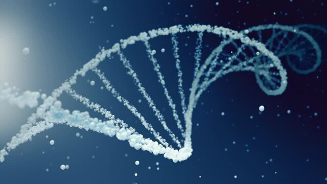 Cosmetic water bubble DNA and mRNA background with cell droplets and copy space. Full-Frame macro dark blue and white concept 3D animation loop of transparent helix as beauty care and science display