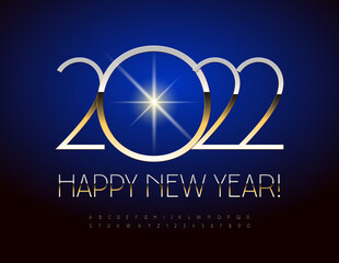 Vector stylish Greeting Card Happy New Year 2022! Modern Golden Font. Unique Metallic Alphabet Letters and Numbers set