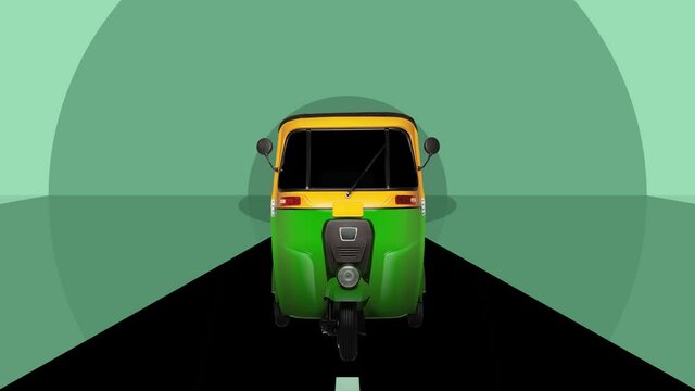 Auto rickshaw moving on endless road cartoon background. Seamless loop 3D video animation Asian Indian