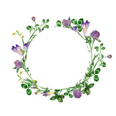 A round wreath isolated on a white background, hand-painted in watercolor. Suitable for graphic design, wedding invitations, postcards.