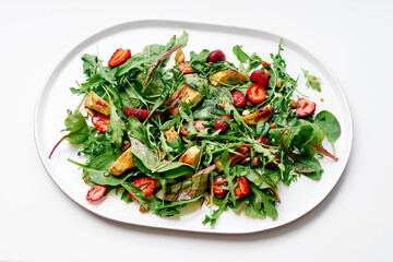 Rocket salad with grilled chicken and strawberries