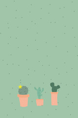Colorful green background with small cacti. Wallpaper, cover, banner, poster, postcard