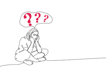 Depressed girl is sitting thinkin. Concept of support with psychological problems. Online therapy and counselling for people under stress and depression.One continuous line drawing. Vector illustratio