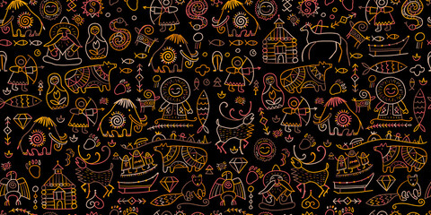 Seamless pattern with North People Lifestyle. Sketch for your design - obrazy, fototapety, plakaty