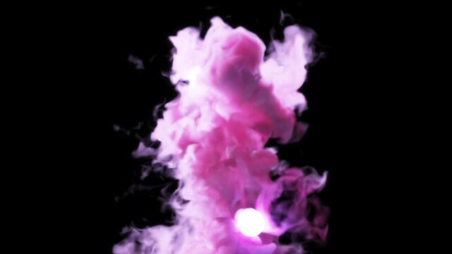 White balls on a black background swirl, releasing jets of dense pink smoke.