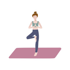 Yoga Vrikshasana or Tree pose. Young woman positive character practicing on yoga mat. Flat vector