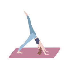 Yoga pose three-legged downward-facing dog pose. Young woman character practicing on yoga mat.