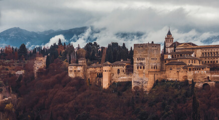 Fototapeta na wymiar panoramic view of the alhambra of granada on a cloudy day