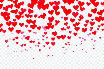 Falling red hearts with transparent background. Romantic Valentine's day background.