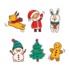 Christmas and new year collection with seasonal elements, Santa, snowman,reindeer,christmas tree,bunny,gingerbread.Set of cartoon christmas elements.Vector illustration