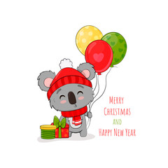 Funny cartoon koala in Santa hat. Adorable christmas koala with gifts for decoration, gretting cards, banner, poster. Vector illustration