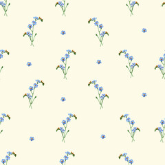 Seamless pattern with watercolor meadow blue flowers on cream background.