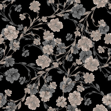 Seamless pattern with watercolor flowers on black background.