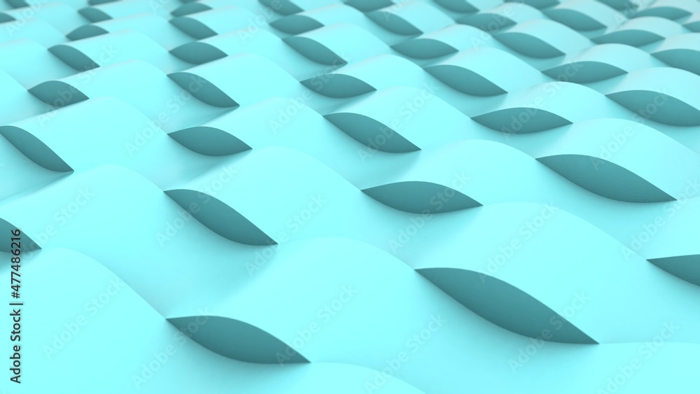 Poster 3d rendering, abstract background of many blue wavy stripes with depth of field and blurred backgrou