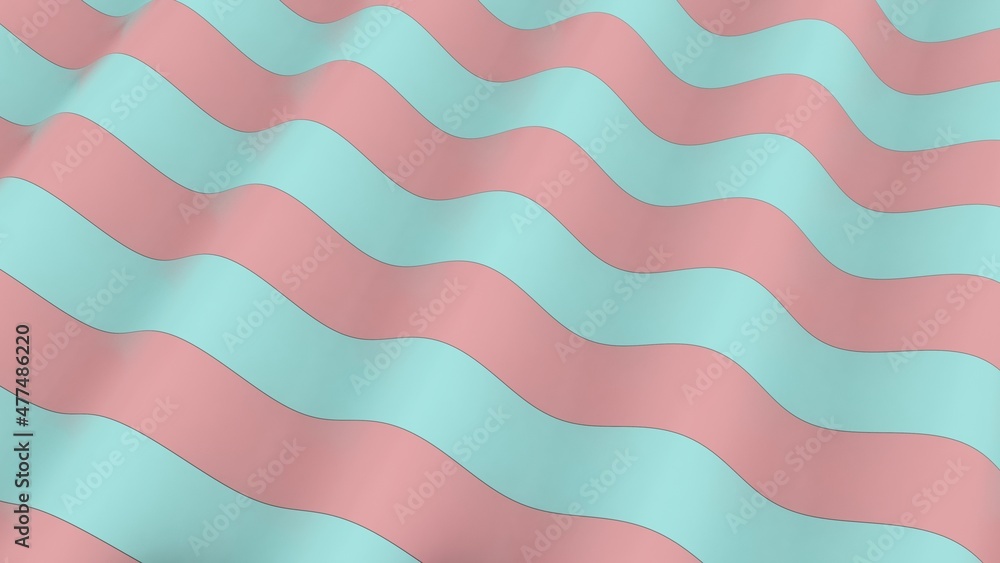 Poster 3d rendering, abstract background of many blue and pink wavy stripes with depth of field and blurred
