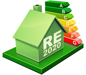 Maison verte avec l'étiquette RE 2020, norme française de réglementation environnementale de construction des bâtiments avec en arrière plan le symbole de la classification énergétique