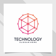 Creative technology logo design with hexagon concept and line art style and dot