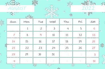 Calendar August 2022. calendar template with snowflakes. Isolated on blue background. Week starts sunday.
