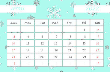 Calendar April 2022. calendar template with snowflakes. Isolated on blue background. Week starts sunday.