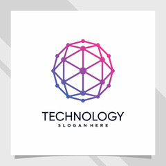 Creative technology logo design with hexagon concept and line art style and dot