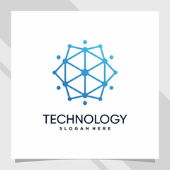 Creative technology logo design with hexagon concept and line art style and dot