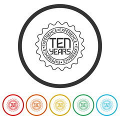 10 Years Experience sign isolated on white background, color set