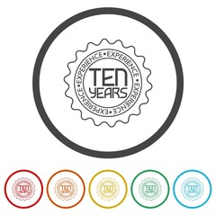10 Years Experience sign isolated on white background, color set
